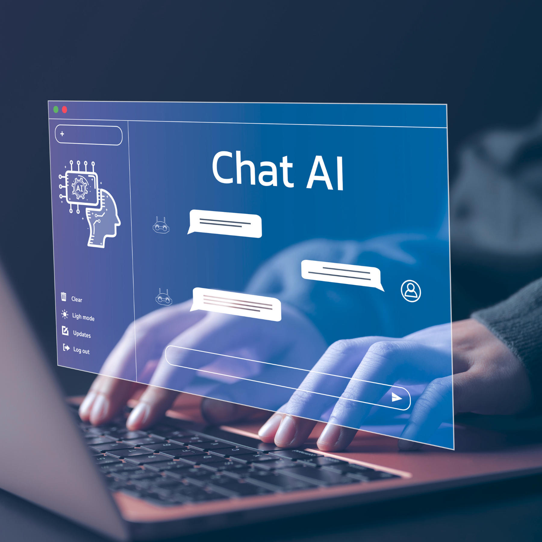 Hands touching a laptop with a projection floating about that says Chat AI